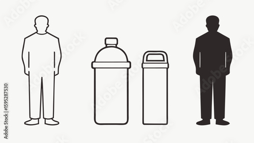 Human scale comparison of two different water bottles and trash cans