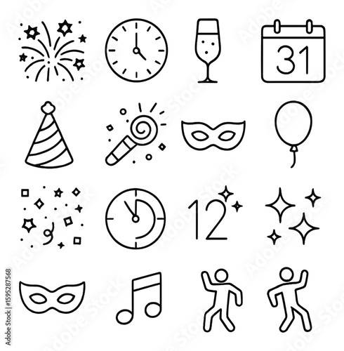 New year icon collection. celebration linear icons: fireworks, clock, mask, calendar, party, vector icons.
