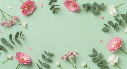 Floral Frame with Pink and White Flowers on Green Background