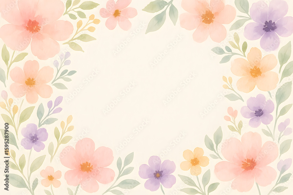 Fototapeta premium Floral Frame Watercolor: A delicate watercolor composition featuring an assortment of colorful blossoms gracefully encircling an open space.