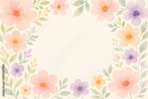Floral Frame Watercolor: A delicate watercolor composition featuring an assortment of colorful blossoms gracefully encircling an open space.