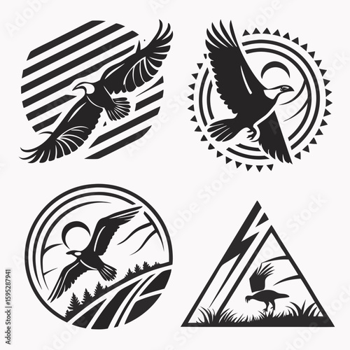 Four eagle emblems with bold lines bird flight