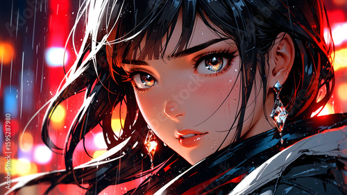 Anime manga young pretty girl beautiful woman andher face under rain like teardrops