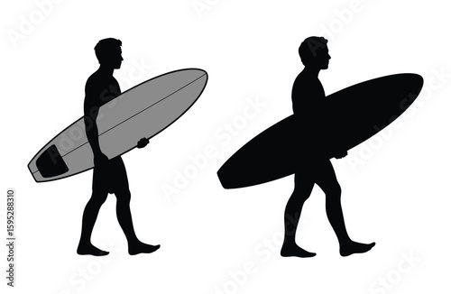 Surfer Carrying Surfboard Silhouettes: Black and Gray Variations