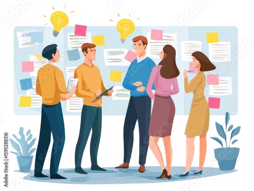 flat vector brainstorming session, creative team using sticky notes and lightbulb icons, clean design