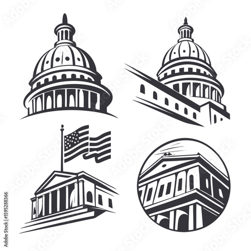 Government Buildings And American Flag Icons capitol building national symbols