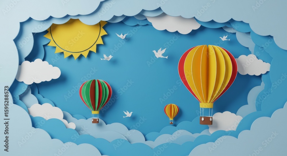 Obraz premium Hot Air Balloons Paper Art Flying in Cloudy Sky with Sun and Birds