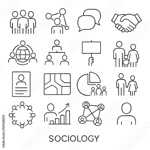Sociology icon collection. simple linear icons: group, network, communication, family, chart vector icons.
