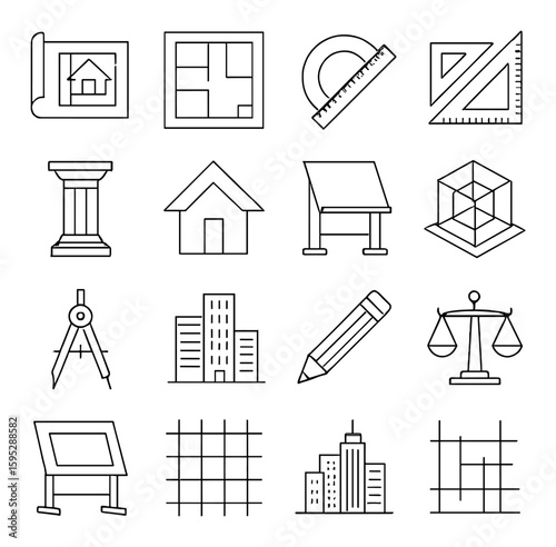 Architectural icon collection: simple linear icons of blueprint, ruler, building, and more vector icons