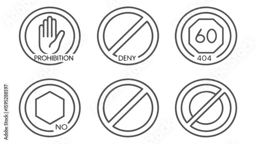 Collection of six circular prohibition and warning signs with icons and text