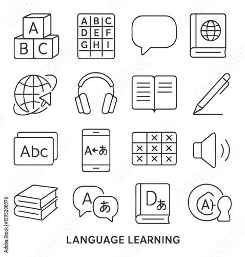 Language learning icon collection. education, simple symbols, books, headphones, globe, linear vector icons.