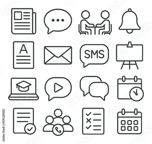 School communication icon collection. simple line icons: email, chat, meeting, bell, sms, calendar vector icons.