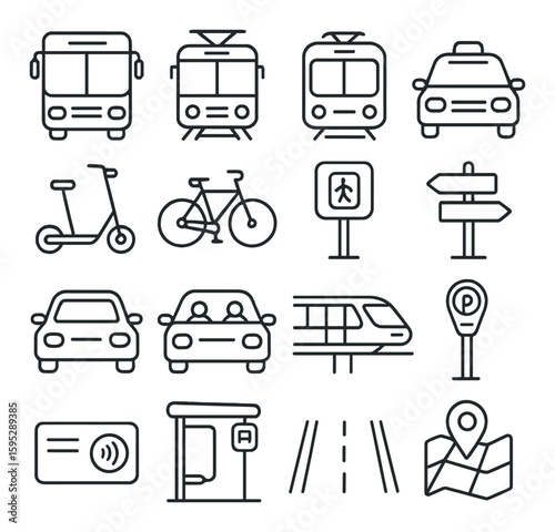 Urban transport icon collection: simple linear city commuter, bus, bicycle, train, car vector icons
