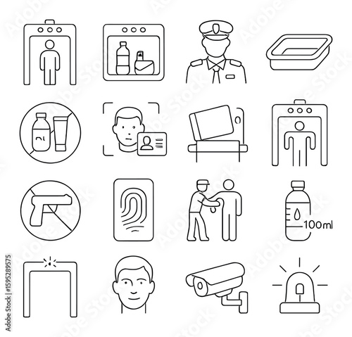Airport security essentials icon collection. simple linear icons for safety, passport, scanner, id, vector icons.