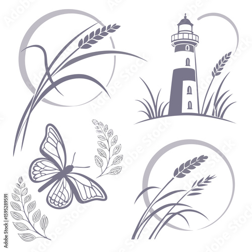 Lighthouse butterfly wheat stalks circular motifs vector