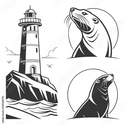 Lighthouse and seals art sea lion ocean