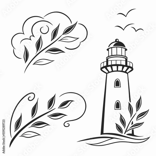 Lighthouse with swirling branches and flying birds tower beacon