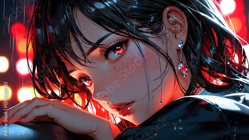 Anime manga young beautiful woman's  face with rain streaking down like tears, sadness in her eyes