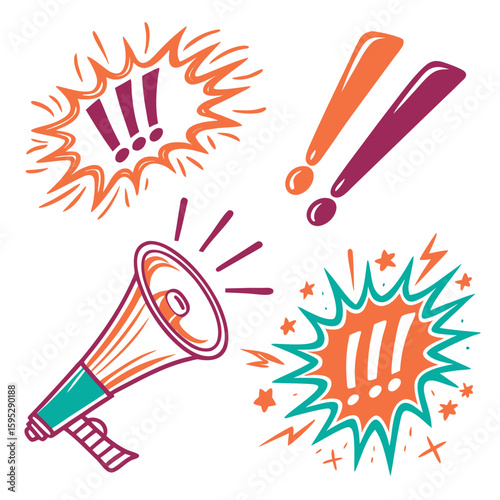 Megaphone exclamation marks and bursts announcement communication