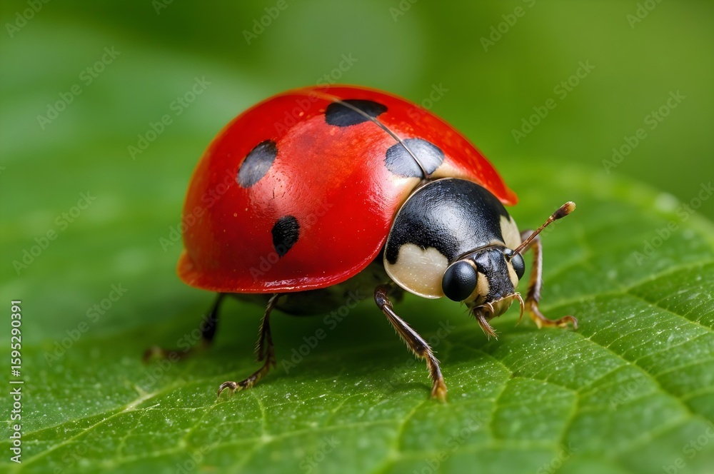 Fototapeta premium Ladybug on leaf: A stunning macro shot of a vibrant red ladybug with its iconic black spots perched delicately on a fresh green leaf, showcasing the intricate details of nature.