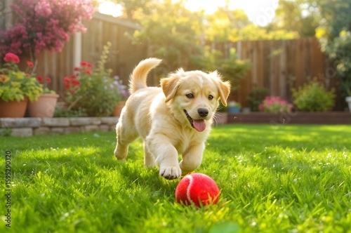 Joyful Puppy in Sunny Yard: A playful golden retriever puppy exuberantly bounds through a sunlit yard, its focused eyes fixed on a vibrant red ball, captured in a perfect moment of canine joy.