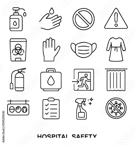Hospital safety icon collection: simple linear style. mask, fire extinguisher, exit, spray, wash, hazard, ppe vector icons.