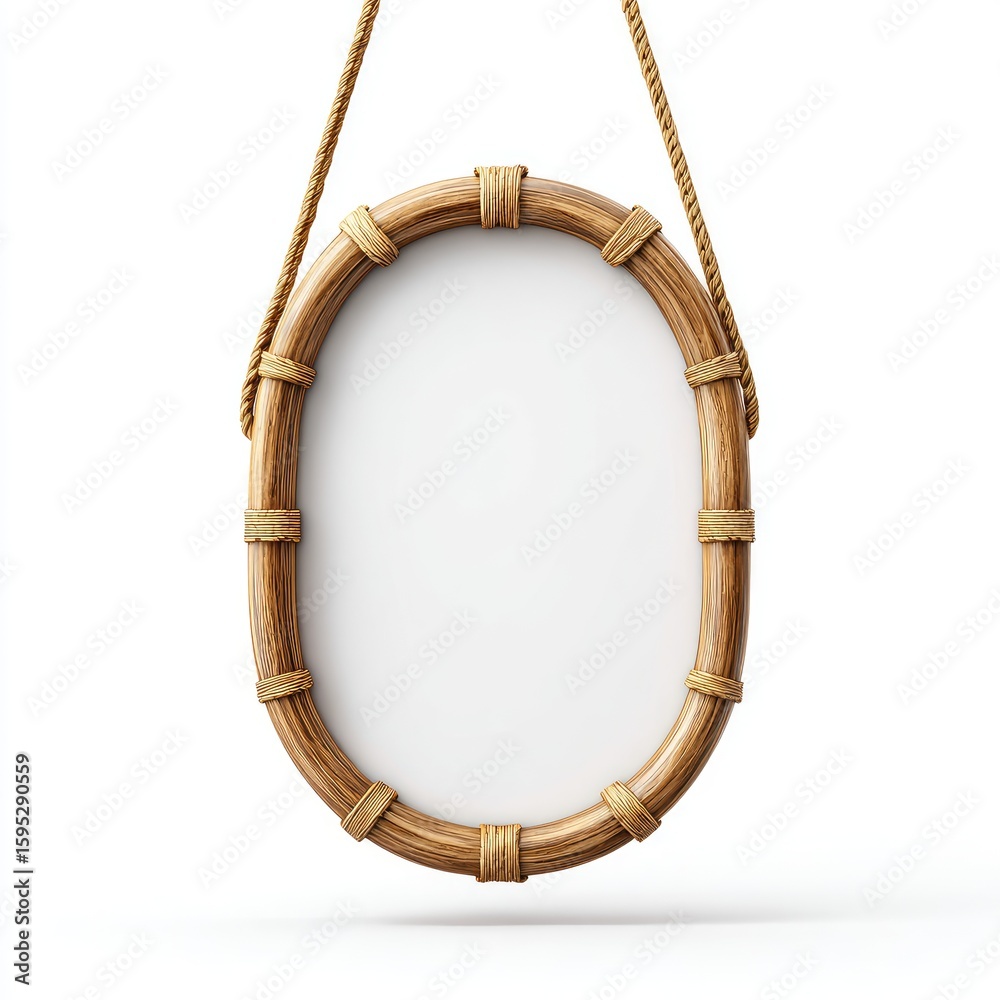 Obraz premium Wooden oval picture frame with rope detailing.