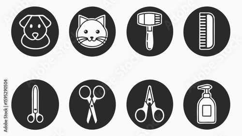 Collection of pet grooming tools and animal icons