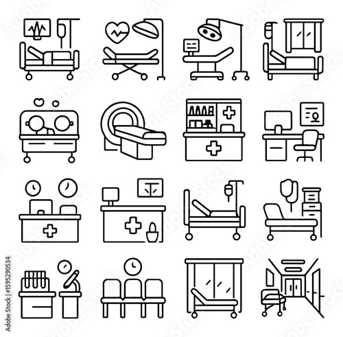 Hospital room icon collection. medical facilities simple line art icons. bed, heart monitor, surgery, desk, ward, reception, machine, wardrobe vector icons.