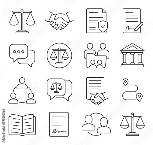 Legal cooperation icon collection. simple linear law, document, handshake, scale icon set, contract, meeting, court building, communication vector icons
