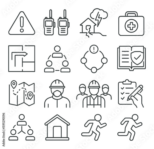 Crisis response icon collection. emergency management linear set. alert, radio, shelter, first aid, evacuation vector icons.