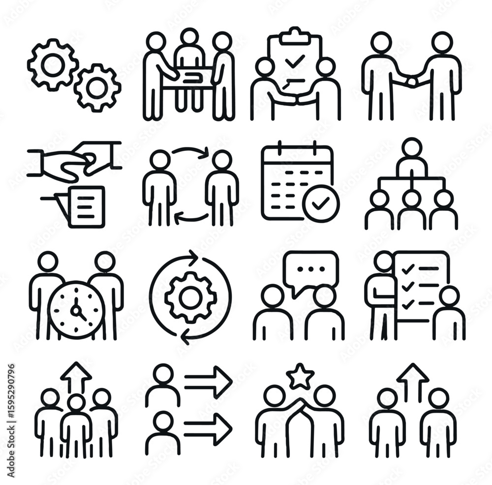 Collaborative workflow icon collection. teamwork, meeting, deadline, strategy, chat, checklist linear vector icons.