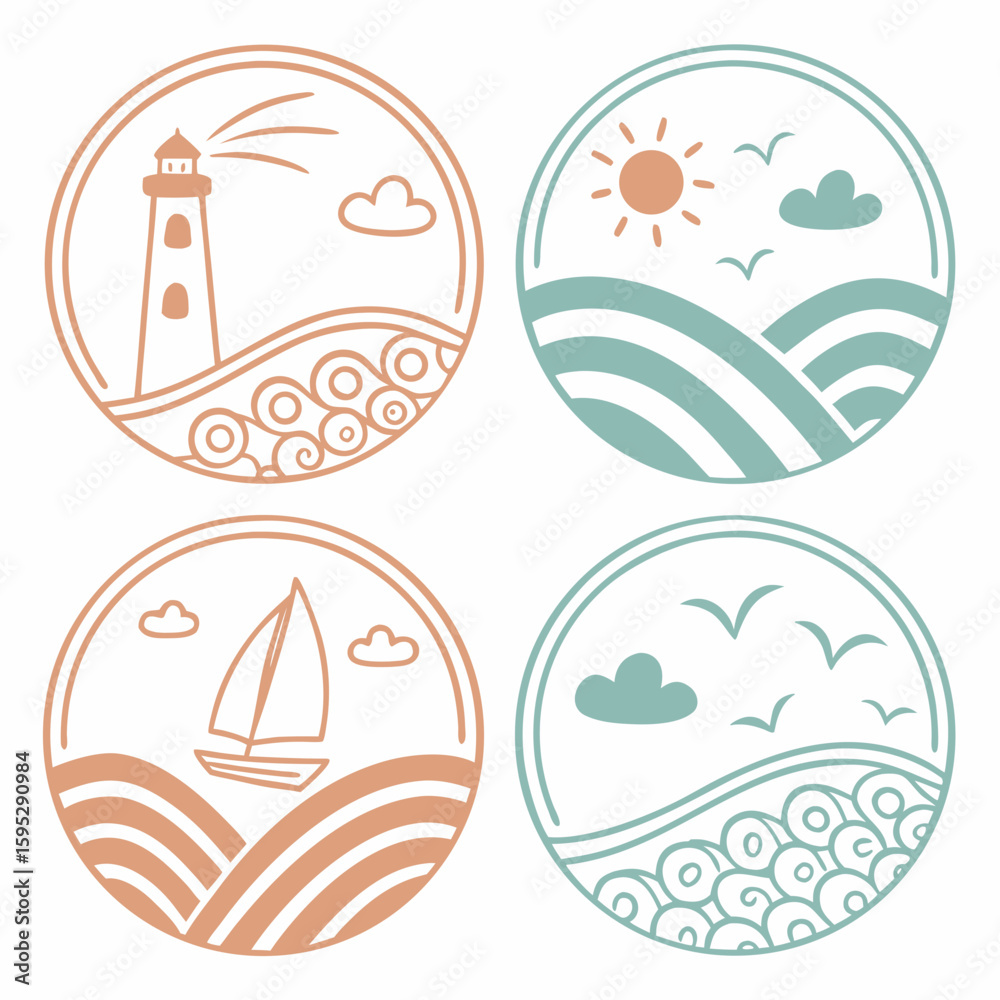 Fototapeta premium Nautical icons lighthouse sailboat sun waves clouds birds vector