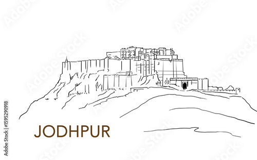 Mehrangarh fort, Rajasthan, India. Artistic sketch. Fort postcard, poster, book illustration
