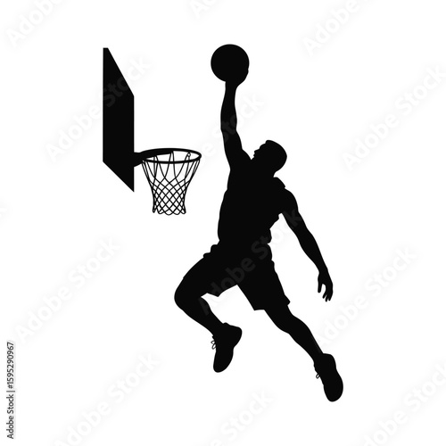 Basketball player dunking silhouette isolated on white background