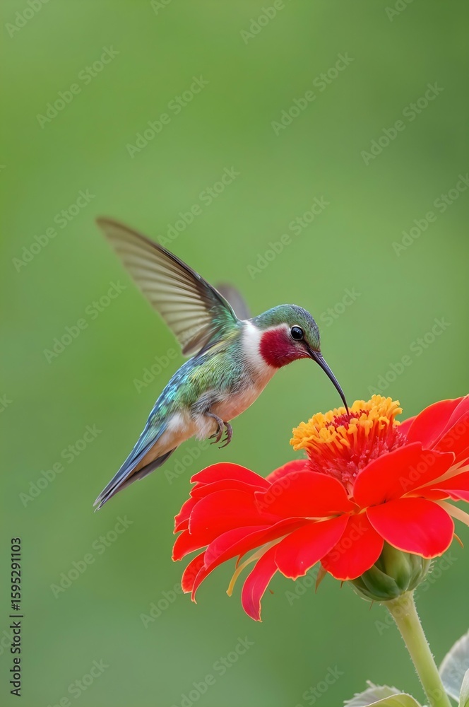 Obraz premium Hummingbird at Blossom: A hummingbird delicately hovers near a vibrant red blossom, its iridescent feathers and long beak poised to sip nectar in this striking portrait of nature's artistry.