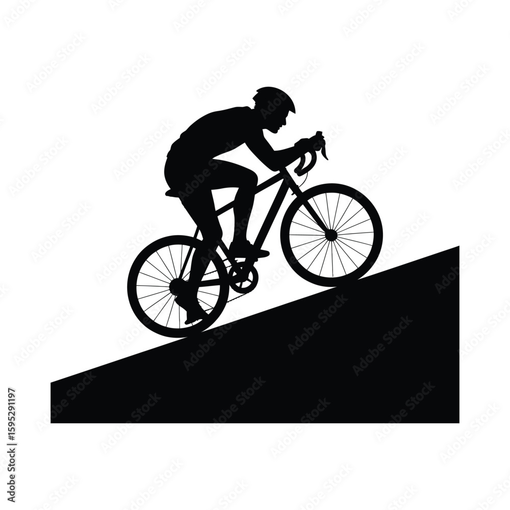 Fototapeta premium Cyclist riding uphill silhouette isolated on white background