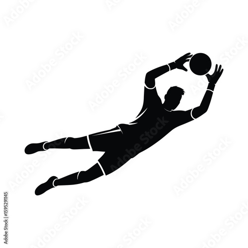 Soccer goalkeeper diving silhouette isolated on white background