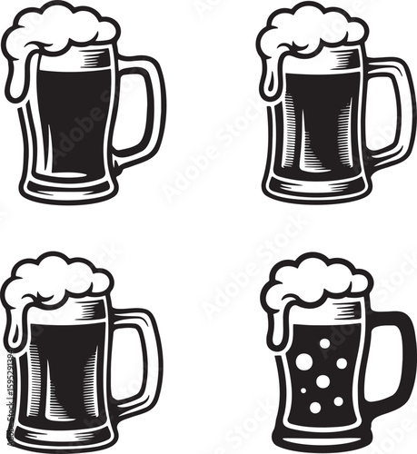 Beer mug silhouette set vector illustration isolated On Transparent Background