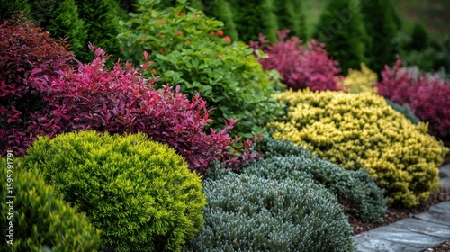 Wallpaper Mural A vibrant garden scene with a variety of colorful plants and shrubs, including pink and yellow flowers, green bushes, and yellow and orange leaves. Torontodigital.ca