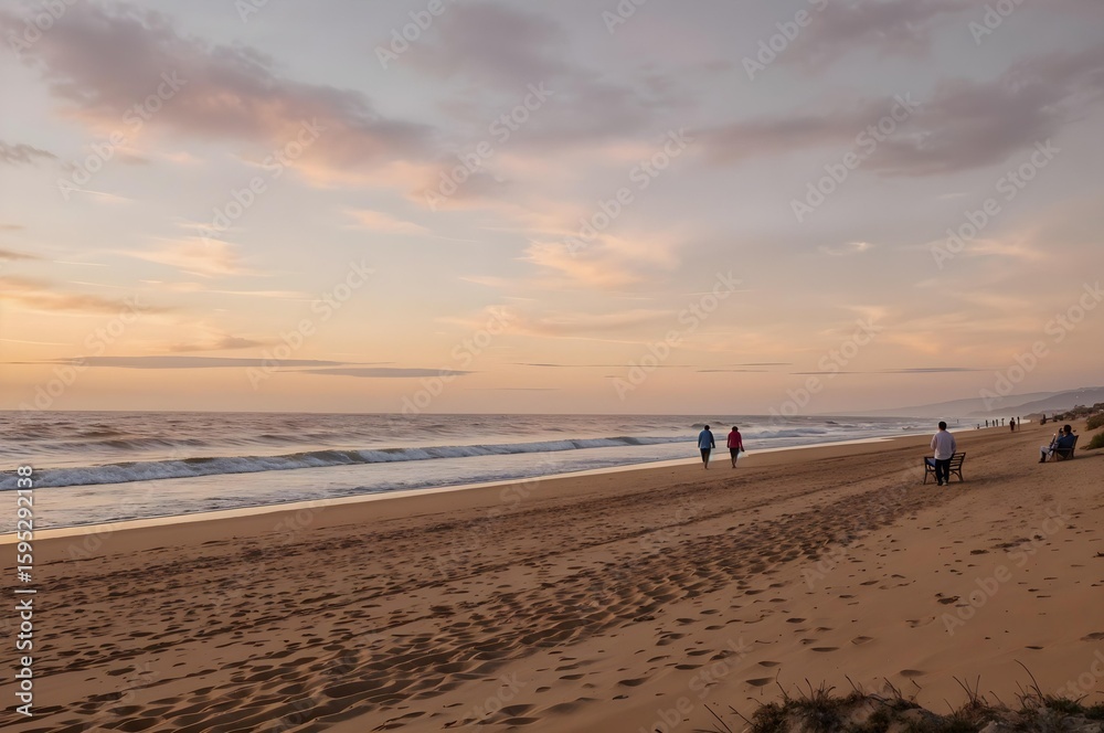 Seaside Stroll: Gentle waves caress the sandy shore under a pastel-colored sky, as silhouettes of people stroll along the beach, evoking a sense of peace and tranquility. Seaside Stroll: Gentle waves caress the sandy shore under a pastel-colored sky, as silhouettes of people stroll along the beach, evoking a sense of peace and tranquility.