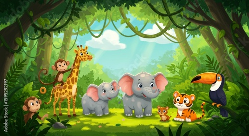 Jungle Scene with Cartoon Animals Illustration