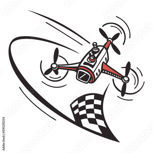 Racing drone flying past checkered flag quadcopter flight