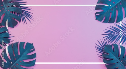 Tropical Leaves Frame on Gradient Pink Background with Copy Space