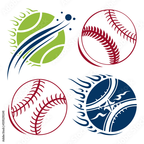 Sports balls with dynamic motion graphics and tribal elements baseball tennis