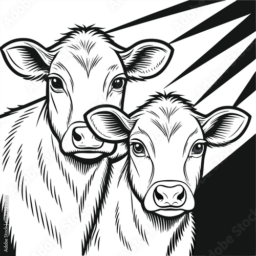 Two adorable calves together in a stylized black and white illustration
