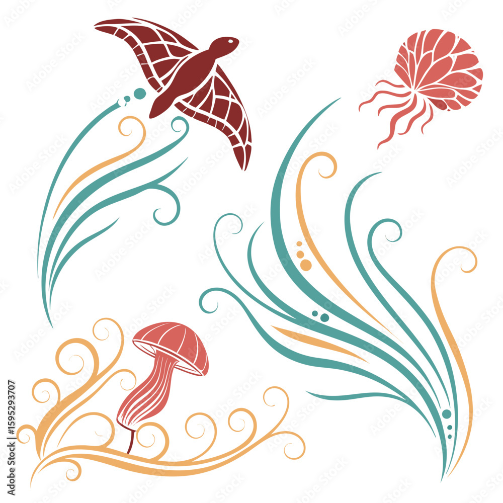 Obraz premium Stylized turtle jellyfish and mushroom with flowing decorative elements vector