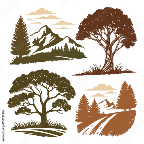 Textured nature landscape scenes with trees mountains and clouds vector