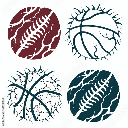 Textured Sports Balls With Cracked Surface And Spikes basketball football