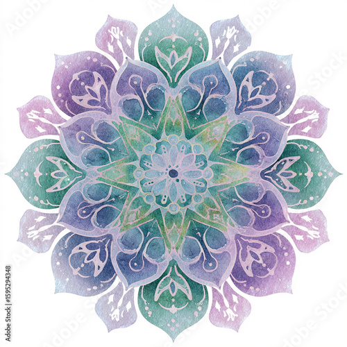 A single watercolor gentle Mandala style peace design in soft purple and green